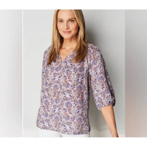 J. Jill Love Linen Sz S V Neck Purple Lotus Vines 100% Linen Peasant Top Blouse - Picture 2 of 13